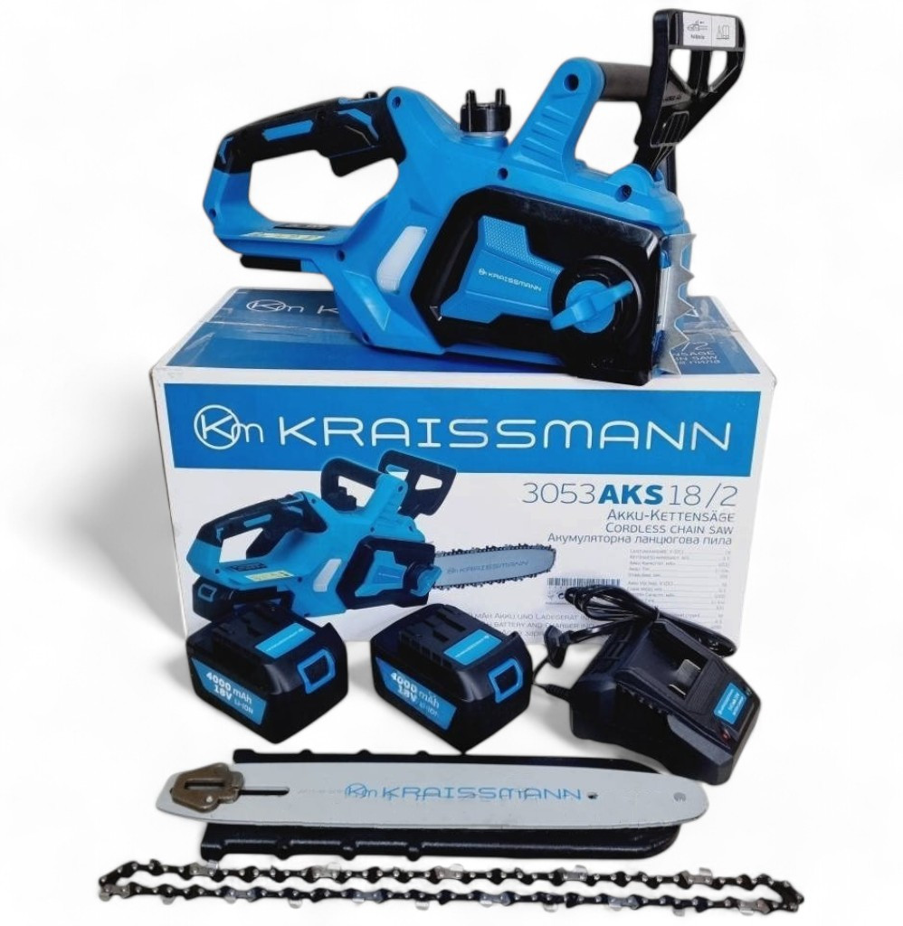 Акумуляторна ланцюгова пилка KRAISSMANN 3053 AKS 18/2 (2 акум. 18В, 4000 мАг, шина 305 мм, НІМЕЧЧИНА)