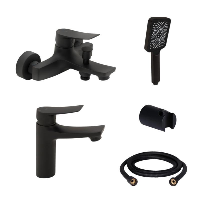 Комплект змішувачів для ванни Qtap Nihonto Black Matt QTNH3022101DCB+QTNH1022101CB з лійкою, шлангом та