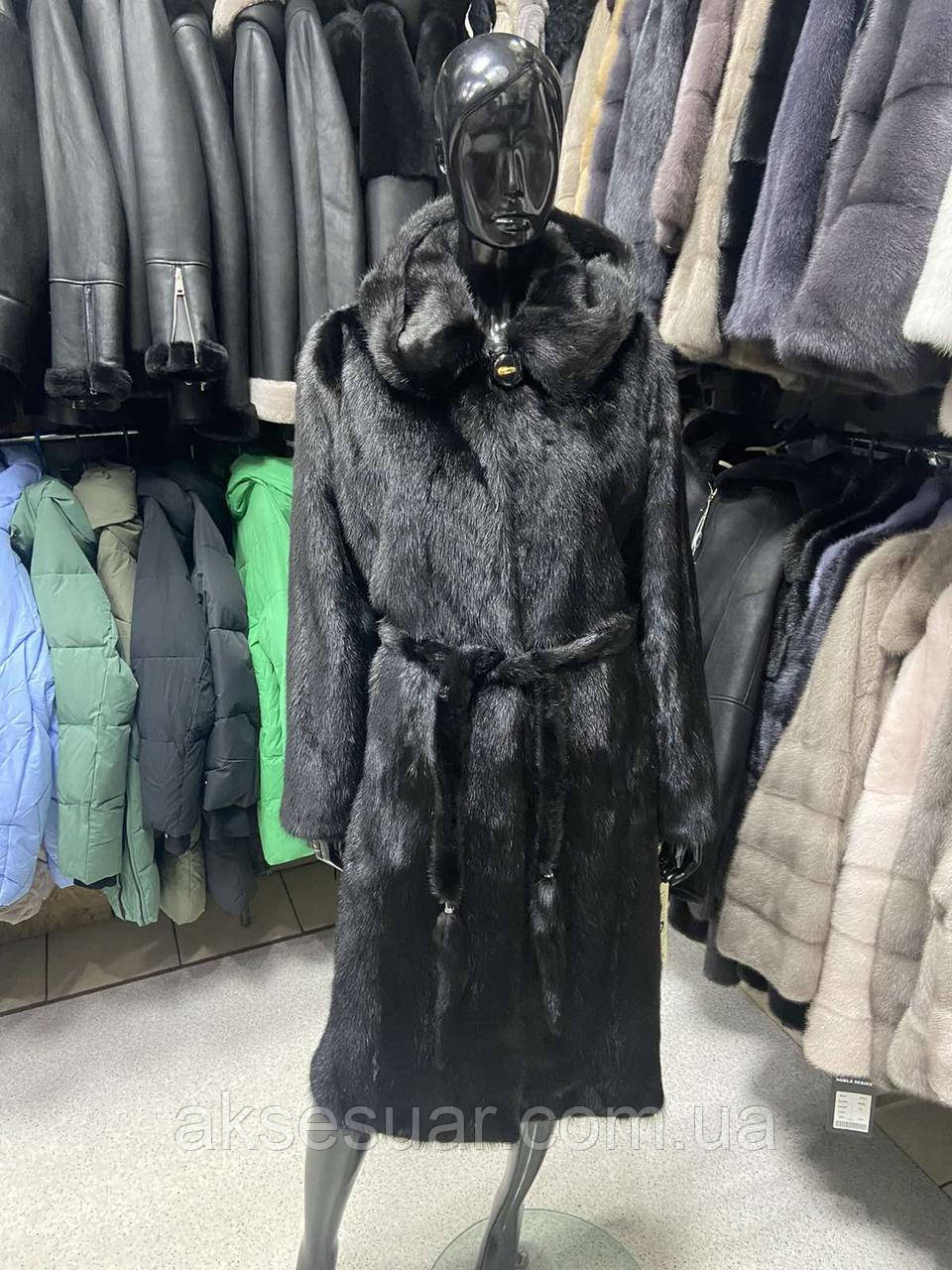Шуба-халат норкова натуральне незбиране хутро, колір чорний із капюшоном 110 см., фото 1