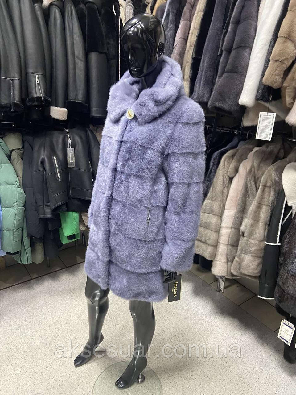 Шубка норкова натуральна з капюшоном 90 см. Світло-блакитний, фото 1