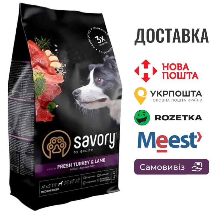 Сухий корм Savory Medium для собак середніх порід, зі свіжим ягням та індичкою, 1 кг, фото 1
