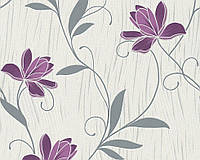 Фактурні німецькі шпалери 306234, з яскравими пурпуровими та фіолетовими квітами на теплому білому, молочному тлі