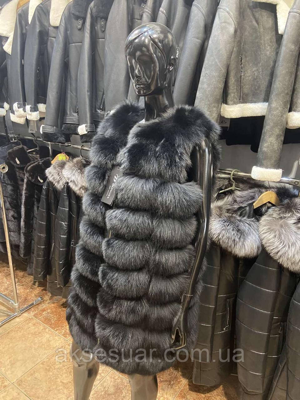 Жилет із натурального хутра Песця в довжині 90 см. Колір чорний, фото 1