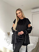 Жіночий комплект для дому штани, футболка та халат XS Чорний (комплект з 3 речей)