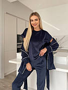 Жіночий комплект для дому штани, футболка та халат XS Темно-синій (комплект з 3 речей)