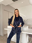 Жіночий комплект для дому штани, футболка та халат M Темно-синій (комплект з 3 речей)