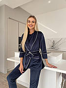 Жіночий комплект для дому штани, футболка та халат S Темно-синій (комплект з 3 речей)
