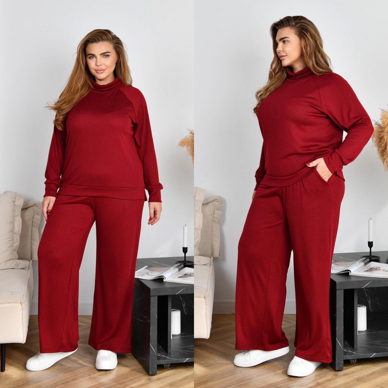 Жіночий ангоровий прогулянковий костюм: кофта з коміром стійкою та широкі штани, батал великі розміри, фото 1