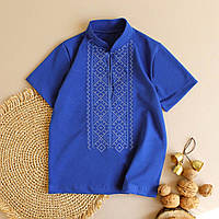 Детская вышитая футболка для мальчика синяя со стойкой с украинским орнаментом от ТМ Ladan