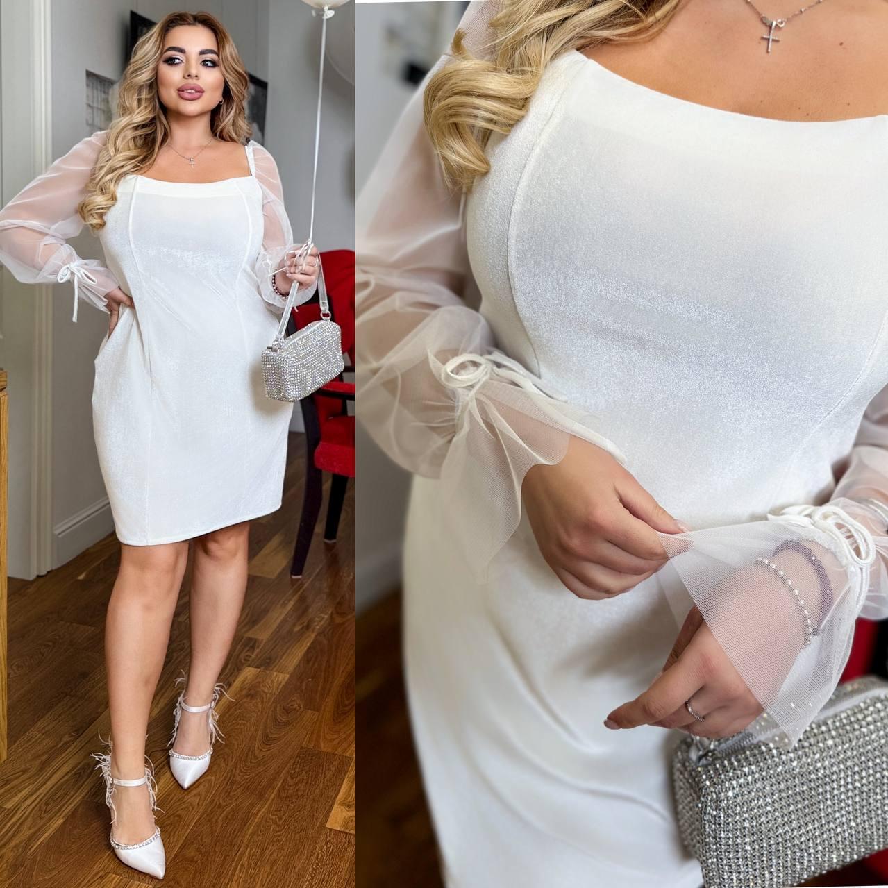 Красива святкова велюрова міні сукня з рукавами із сітки, норма та батал, фото 1