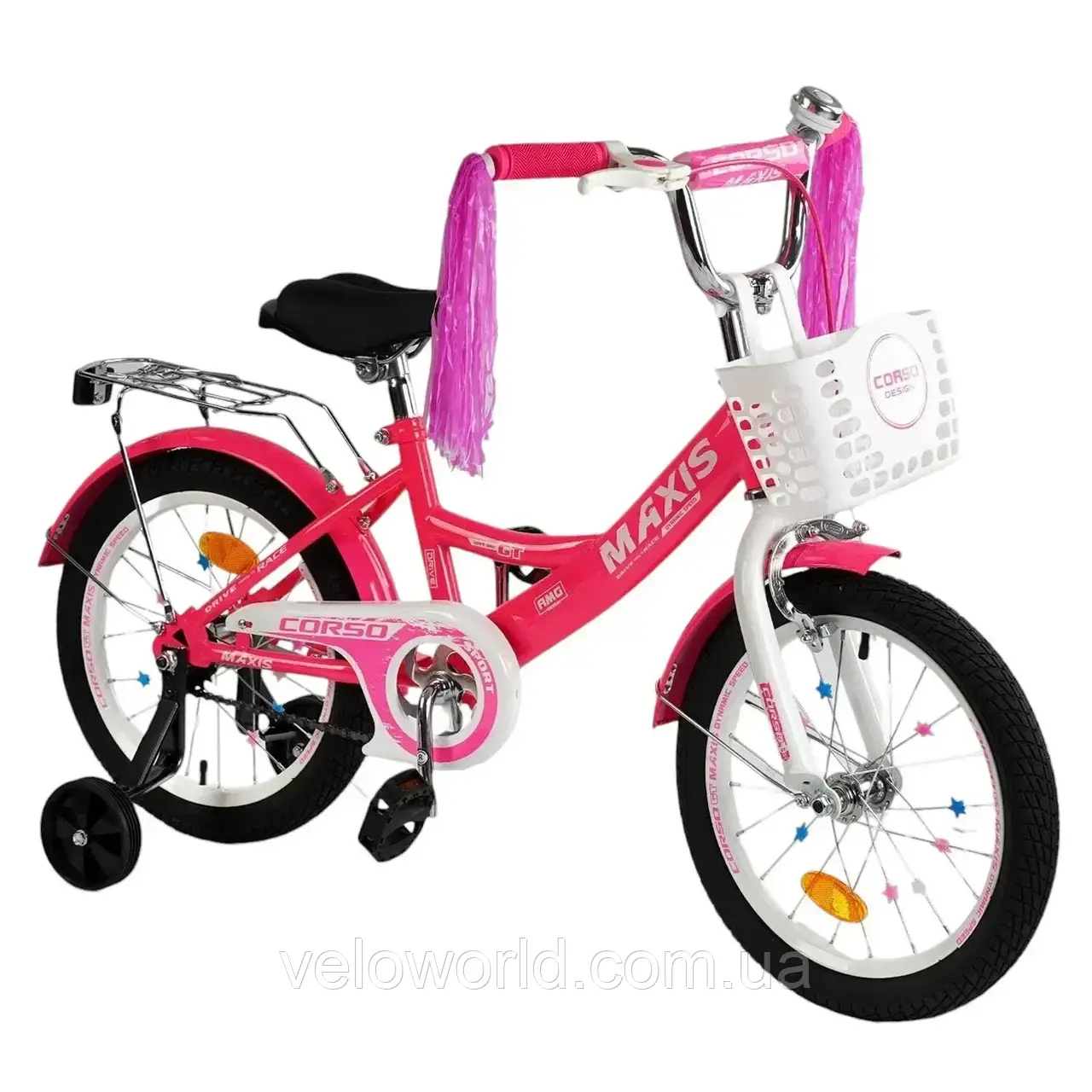 Дитячий двоколісний велосипед Corso Maxis 18" CL-18275 ручне гальмо, додаткові колеса, зібраний на 75% Рожевий