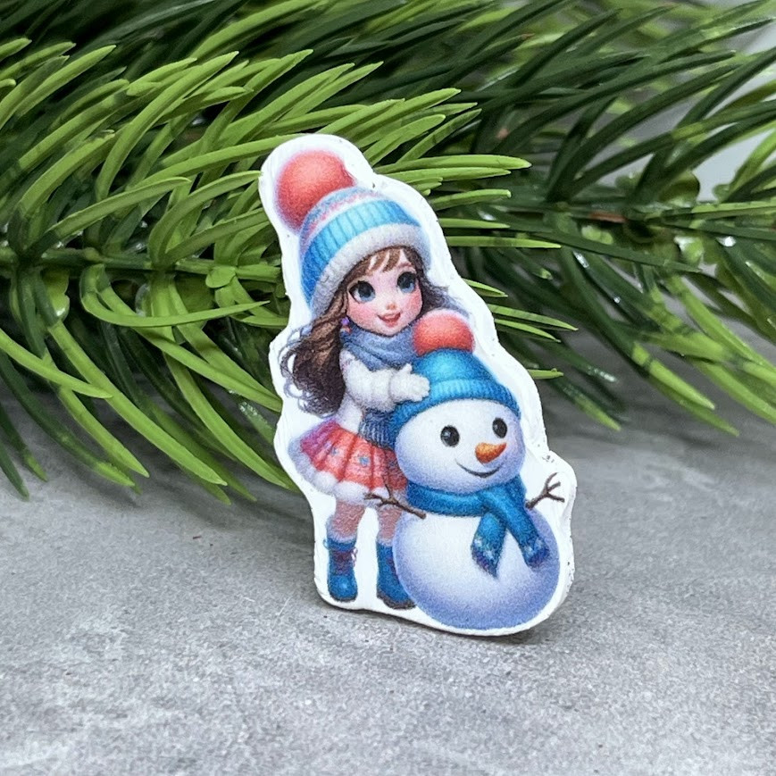 Пластиковий декор (кабошон) Дівчинка зі сніговиком (блакитний)- розмір 2,5*4,1 см, поштучно, Різнокольоровий, фото 1