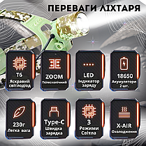 Ліхтар налобний акумуляторний водонепроникний потужний ліхтарик на голову CH-002M із зарядкою Type-C та зумом, фото 3