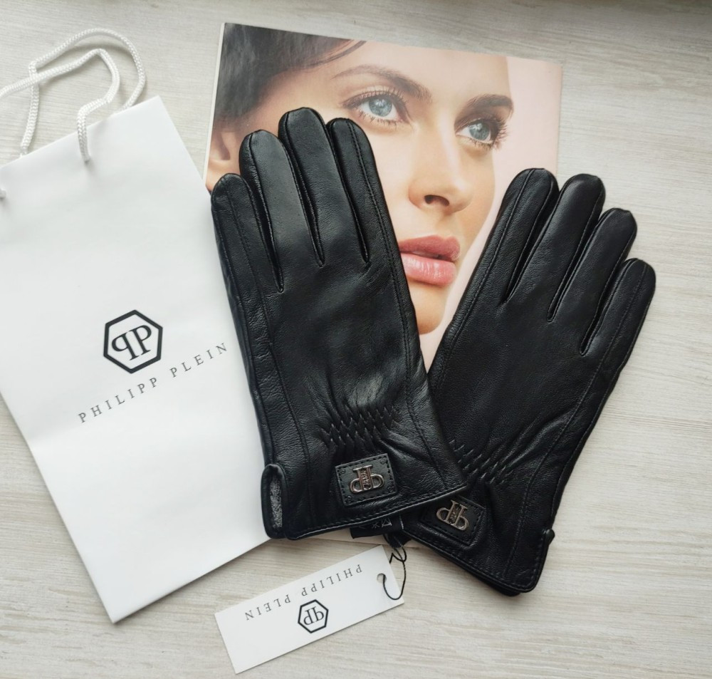 Чоловічі шкіряні рукавички Philipp Plein підкладка махра black