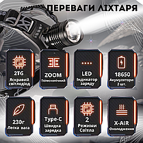 Потужний налобний ліхтар акумуляторний з лінзою та ультрафіолетом PLD-8055 ліхтарик на голову, фото 3