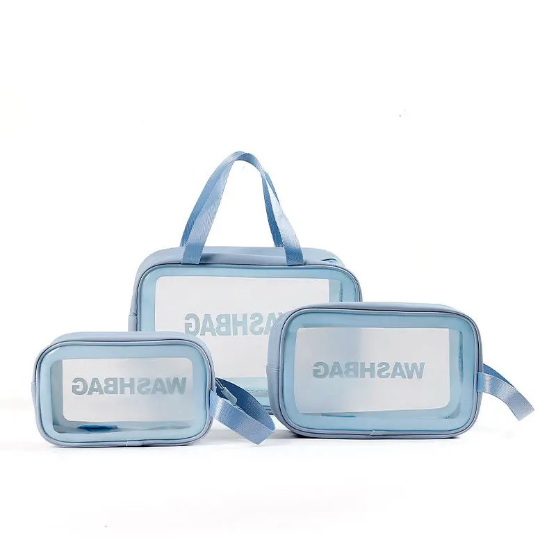 Набір косметичок із 3 штук силіконова прозора WashBag на блискавці Karman Голубий, фото 1