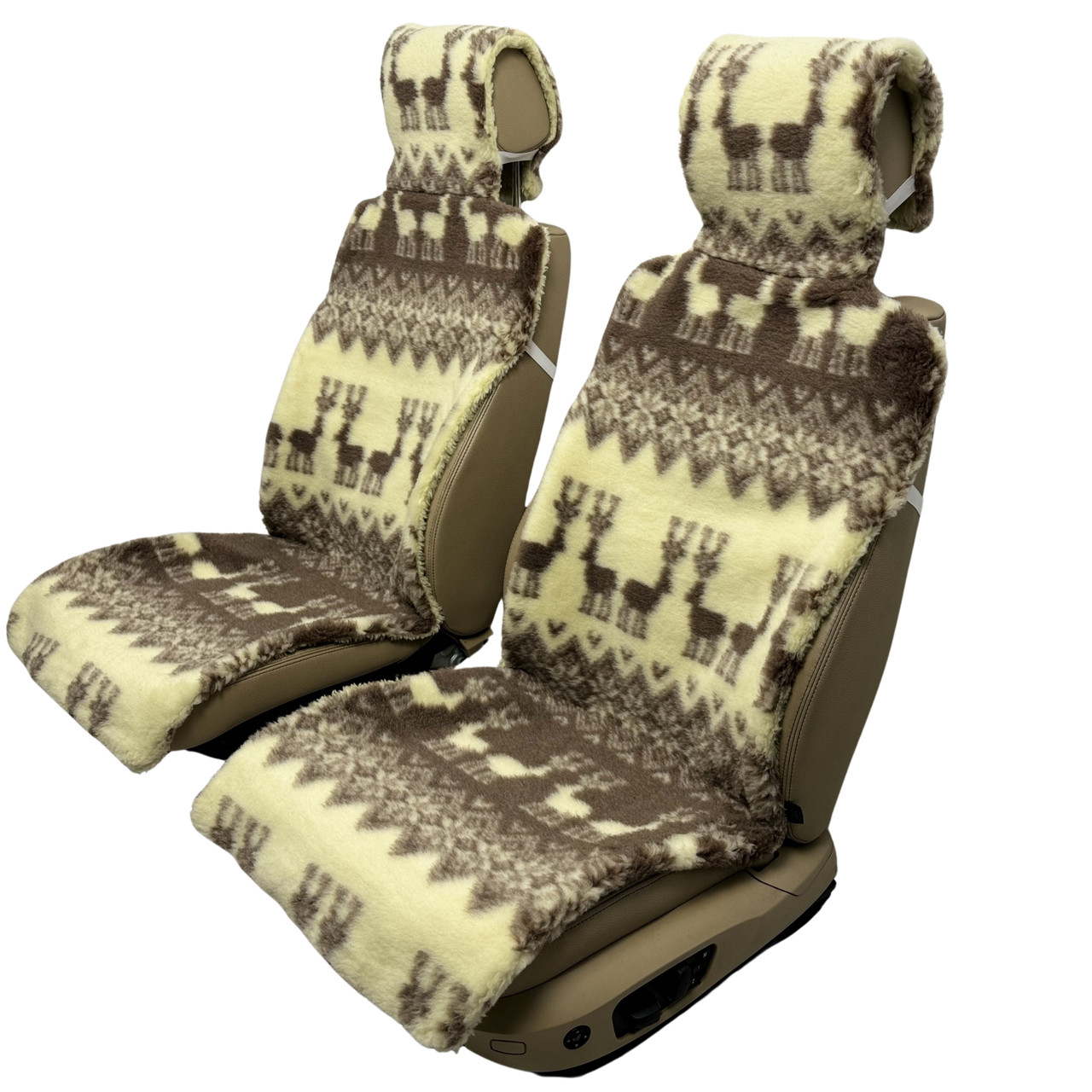 Хутряні накидки універсальні чохли - майки на передні сидіння авто з овчини (Еко-хутро) принт "Олені"