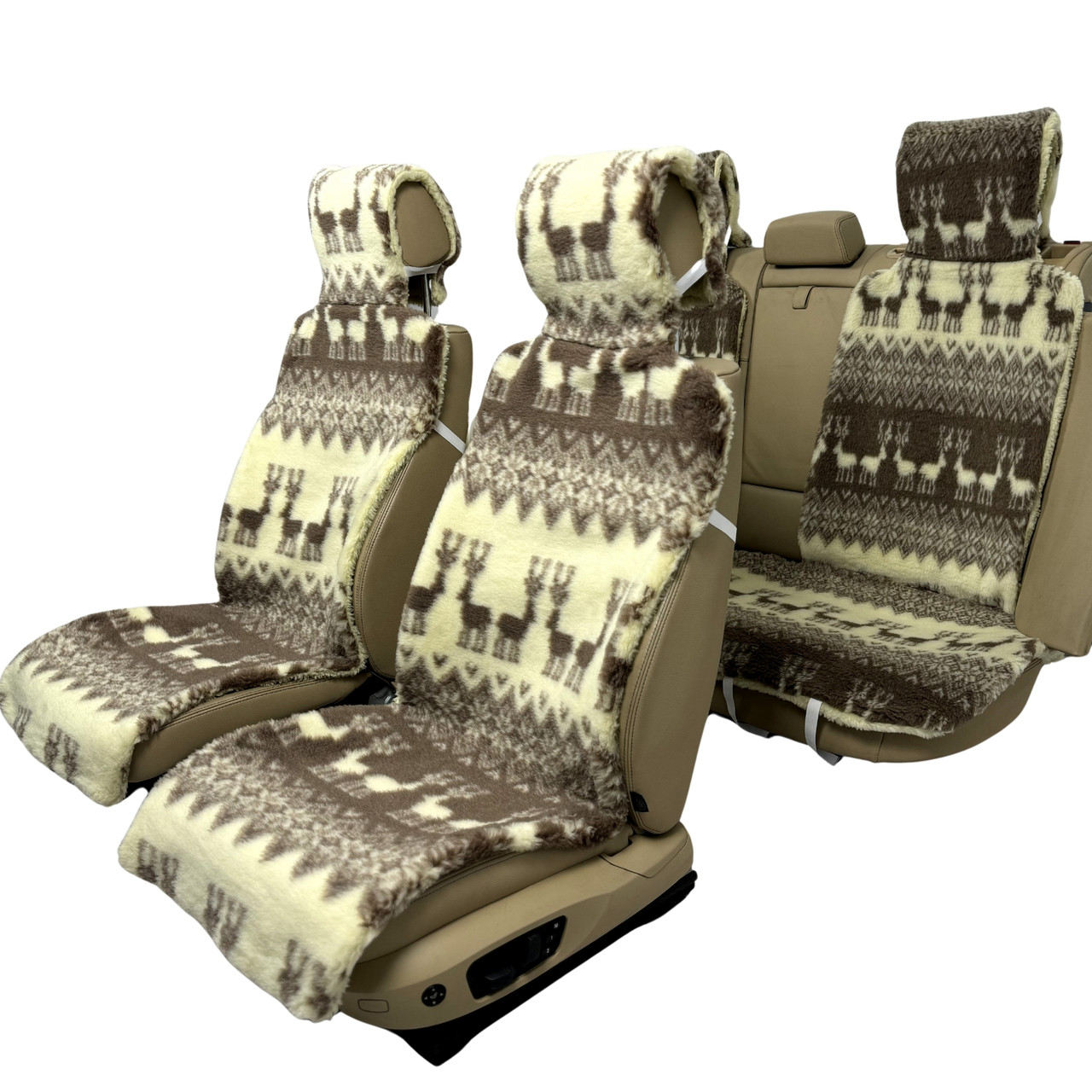 Універсальна Накидка чохол на сидіння автомобіля з овчини Sheepskin (Еко-шерсть) Повний комплект Олені 50 см