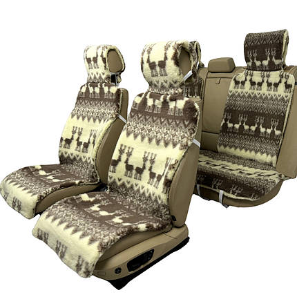 Універсальна Накидка чохол на сидіння автомобіля з овчини Sheepskin (Еко-шерсть) Повний комплект Олені 50 см, фото 1