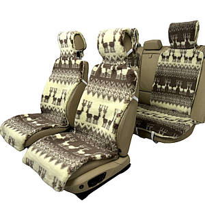 Хутряні накидки універсальні чохли - майки на 2 передні та заднє сидіння авто з овчини (Еко-хутро) принт "Олені"