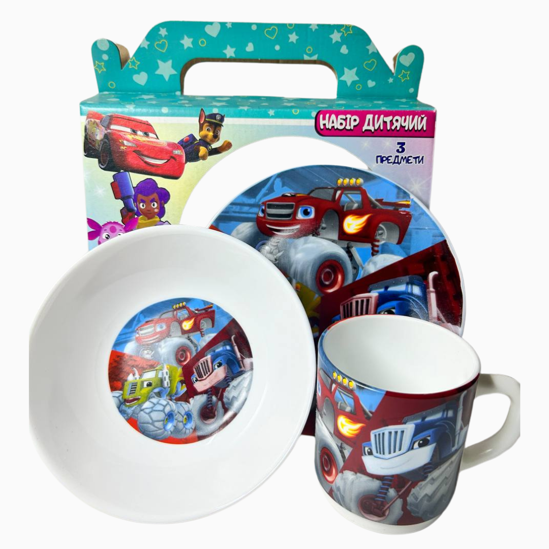 Набір дитячого посуду Вспиш и чудо-машинки 3 предмети склокераміка від 2х років