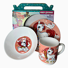 Набір дитячого посуду Єдиноріг 3 предмети склокераміка від 2х років