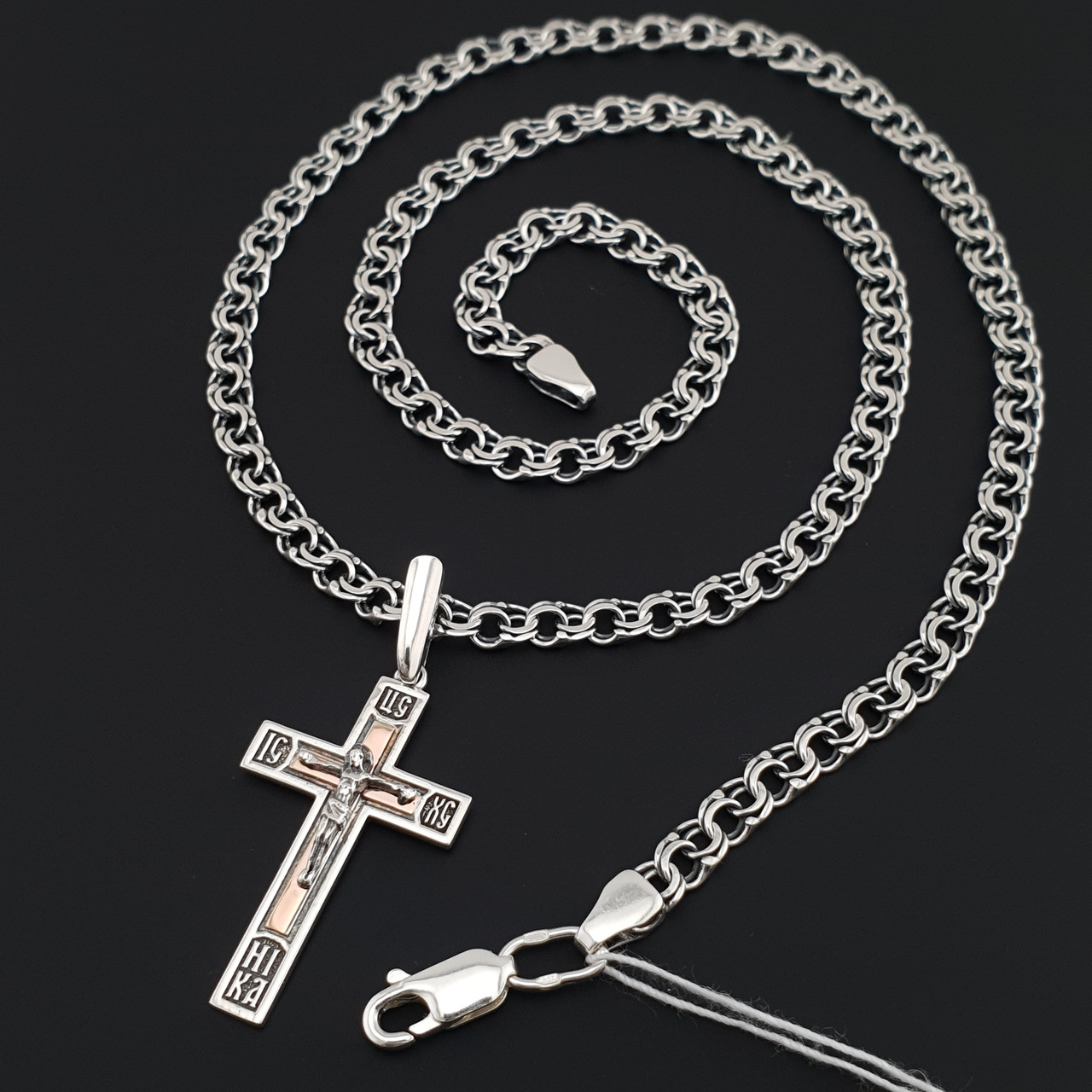 Срібна цепочка чоловіча і хрестик з срібло з золотом. Чорнений ланцюжок бісмарк і хрестик з золотою накладкою. 60 см, фото 1