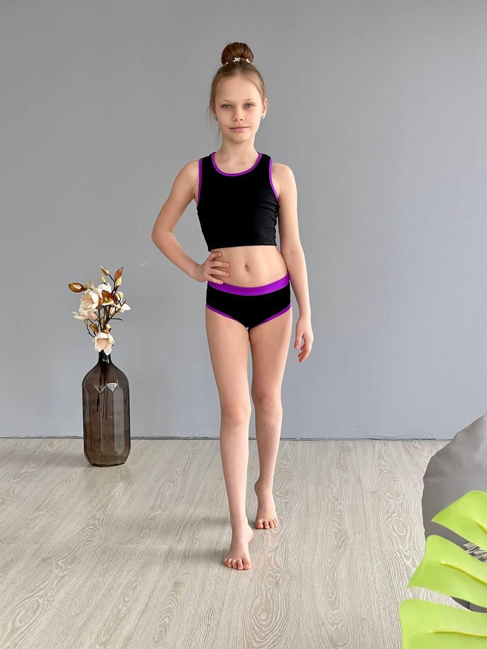 Спортивний комплект дитячий подовжений топ та труси для Pole dance для дівчинки з чорного біфлексу Рут р.26-44