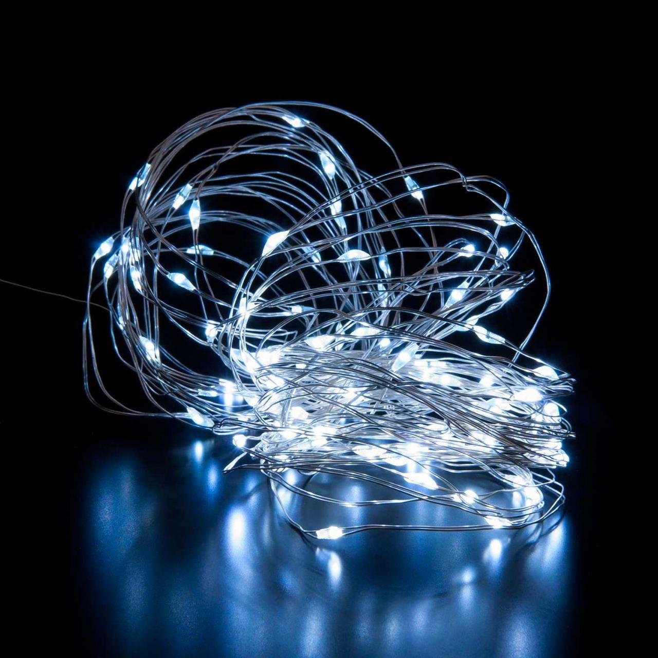 Гірлянда нитка роса 20 м на батарейках + USB холодний білий, LED гірлянда крапля роси