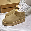 Зимові жіночі UGG Classic Ultra Mini Platform Beige Бежеві Взуття УГГІ Класік низькі на платформі замша теплий щільний хутро, фото 8