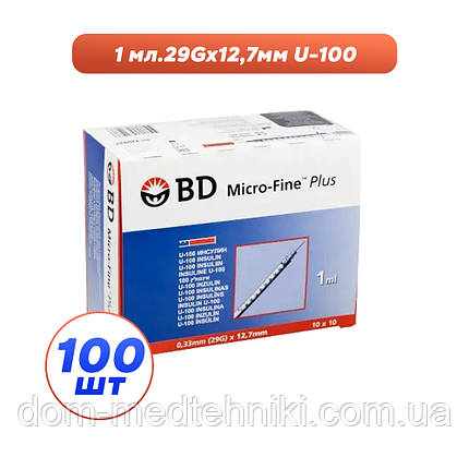 Шприци інсулінові з інтегрованою голкою BD Micro-Fine Plus 1 мл U-100 (12.7 мм х 29G), 100 шт., фото 1