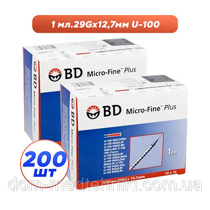 Шприци інсулінові з інтегрованою голкою BD Micro-Fine Plus 1 мл U-100 (12.7 мм х 29G), 200 шт., фото 1