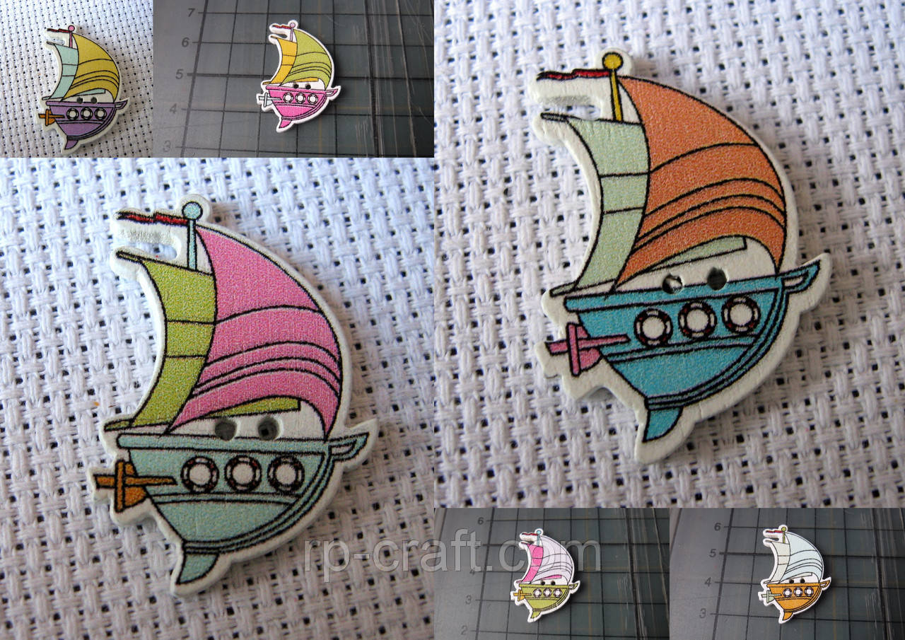 Гудзик дерев'яний, декоративний. Вітрильник, 23х33 мм, фото 1