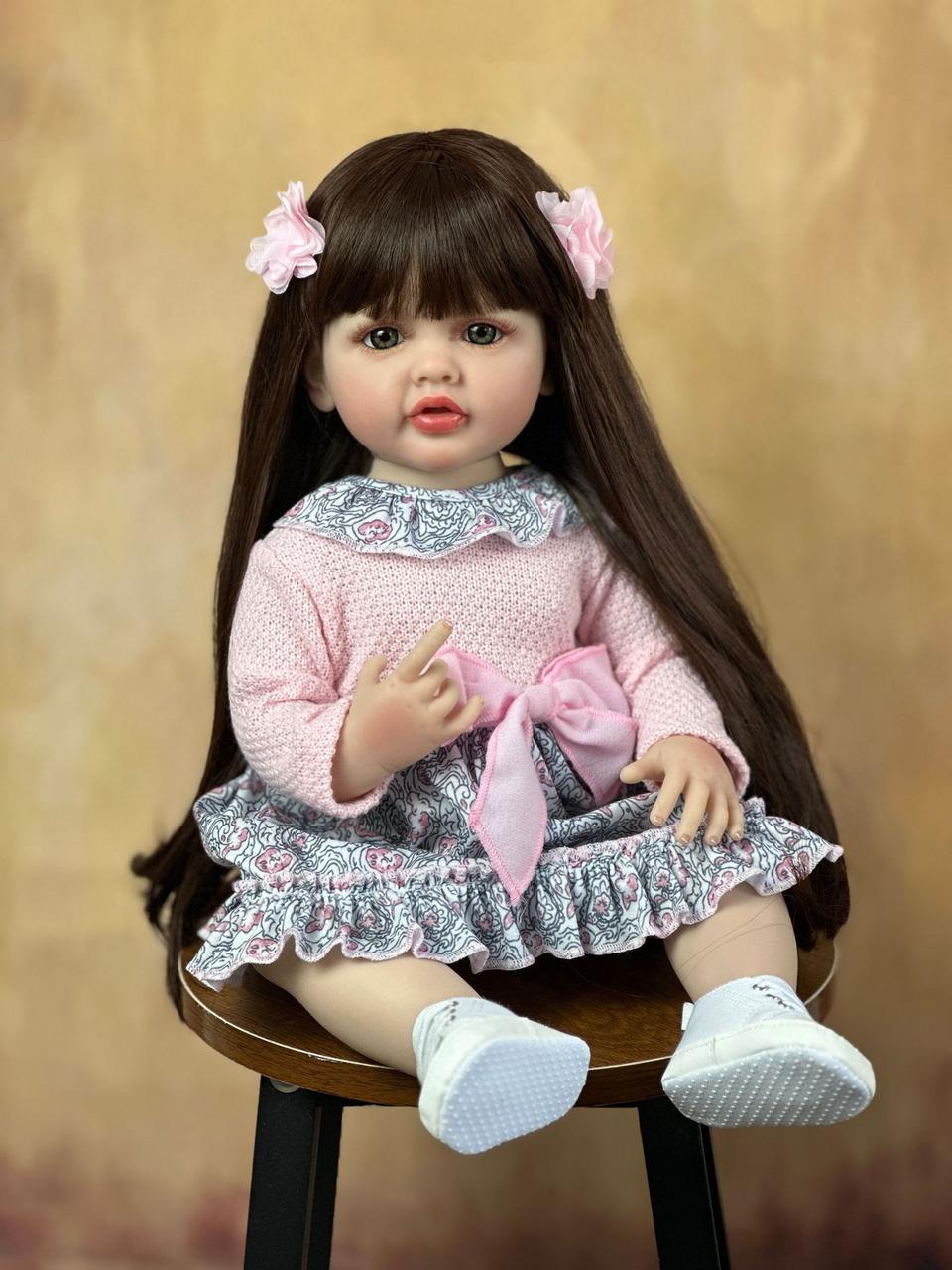 Велика вінілова лялька ручної роботи Reborn Baby Doll зі справжнім довгим волоссям та великими очима