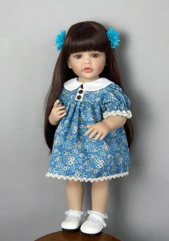 Велика вінілова лялька ручної роботи в платьице Reborn Baby Doll зі справжнім волоссям та красивими очима, фото 1