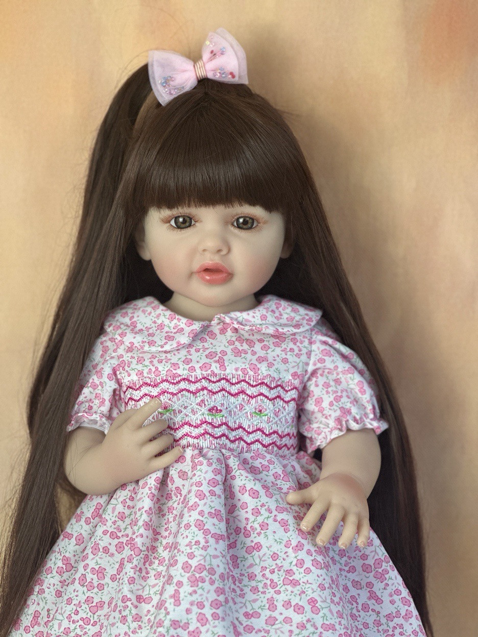 Велика вінілова лялька-ПУПС ручної роботи в рожевій сукні Reborn Baby Doll зі справжнім волоссям та живими очима
