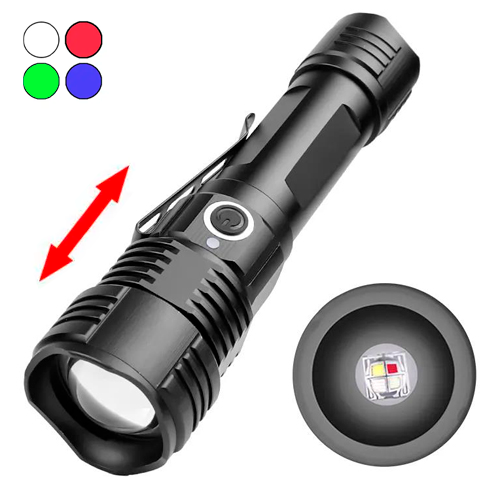 Ліхтар ручний PLD-11, 4XPE, білий, синій, червоний, зелений, zoom, кліпса, АКБ 18650, ЗП micro USB, фото 1