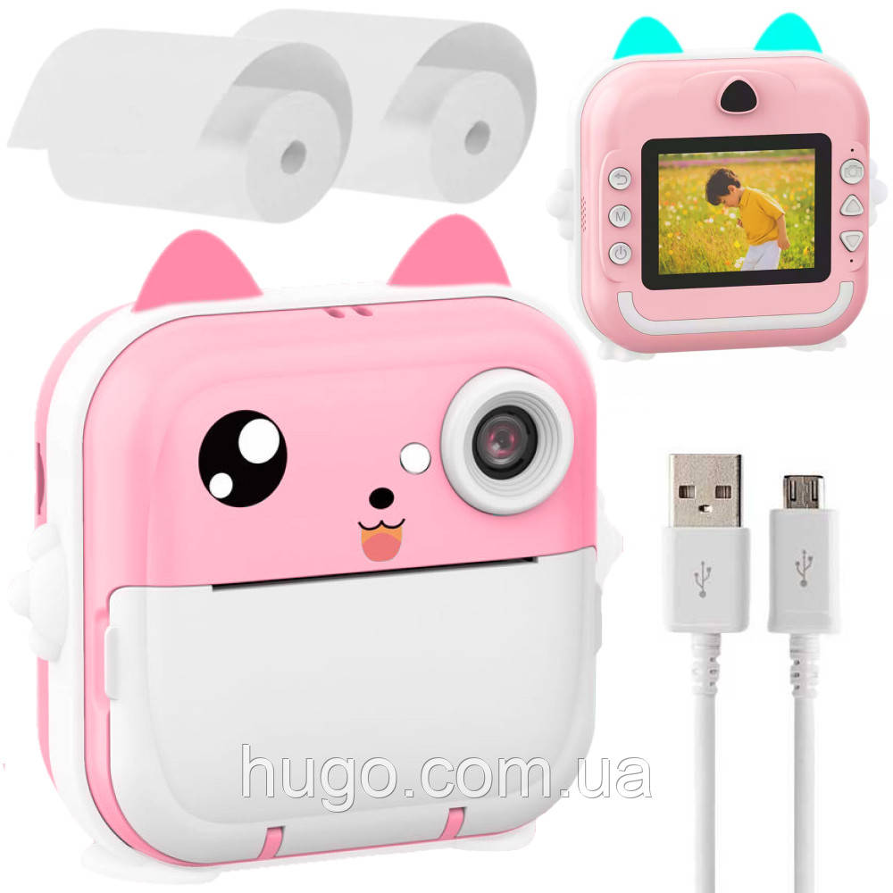 Дитяча камера миттєвого друку 24Мп, от USB + 2 рулони паперу, Q5, Рожевий / Камера моментального друку, фото 1