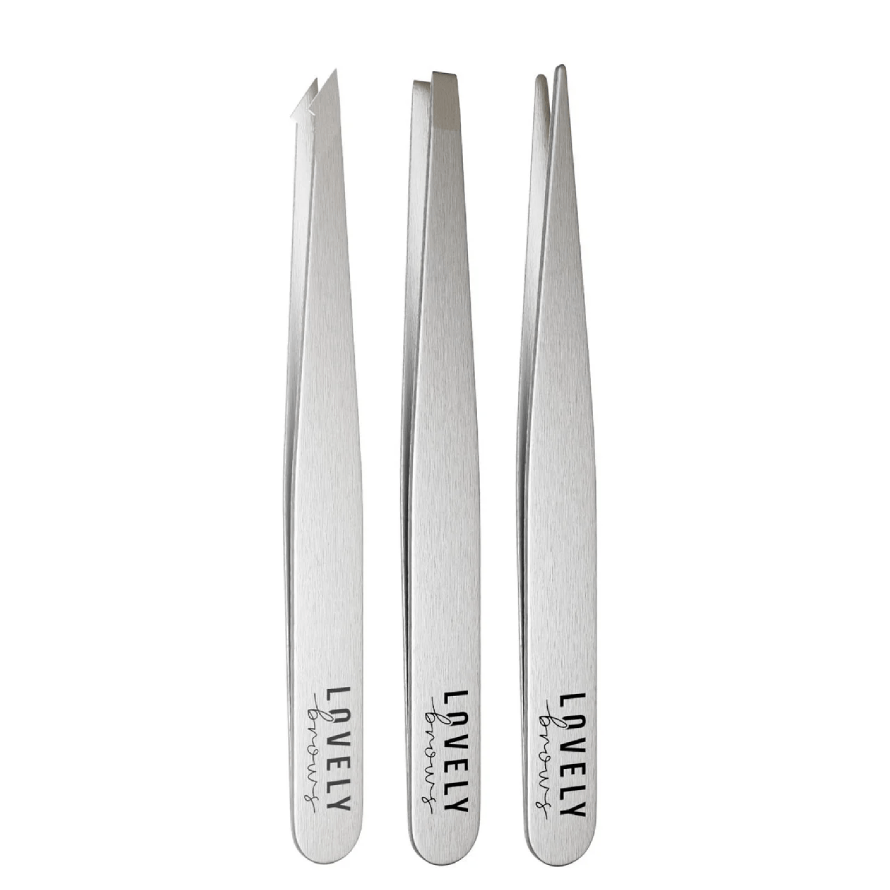 Пінцети для брів сріблясті (точковий, скошений, прямий) Lovely Brows | 3 шт + чохол