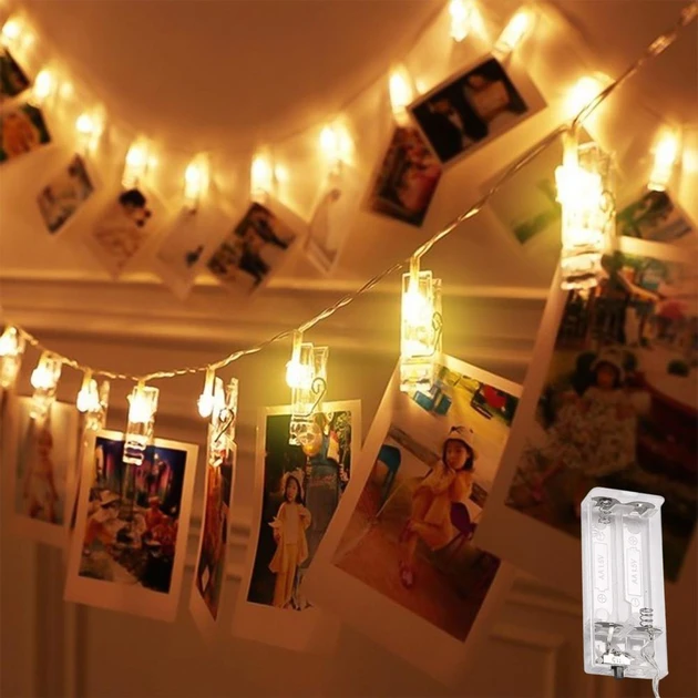 Гірлянда світлодіодна 3м з прищіпками для фото 20 led, на батарейках, фото 1