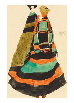 Листівка Egon Schiele - Zwei stehende Frauen in gestreiften und karierten Kostume, фото 1