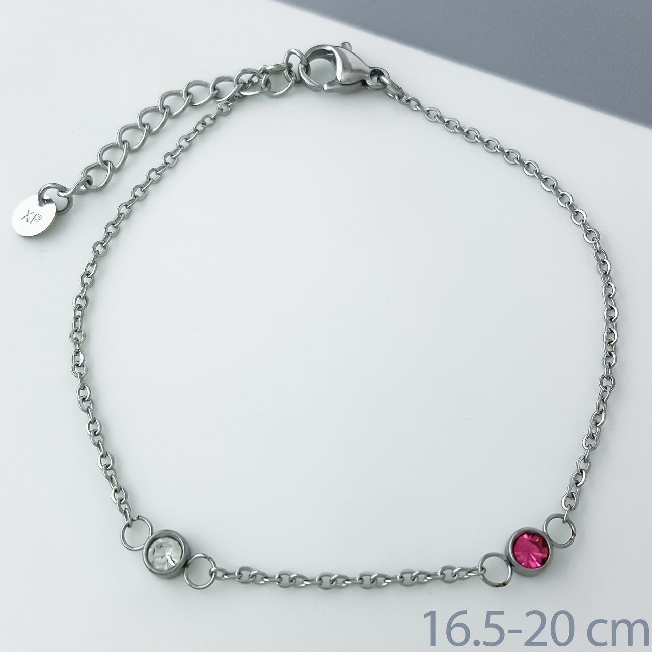 Браслет "Якір" з малиновим цирконієм, р.16,5-20; медичне золото Xuping, stainless steel, родій, фото 1