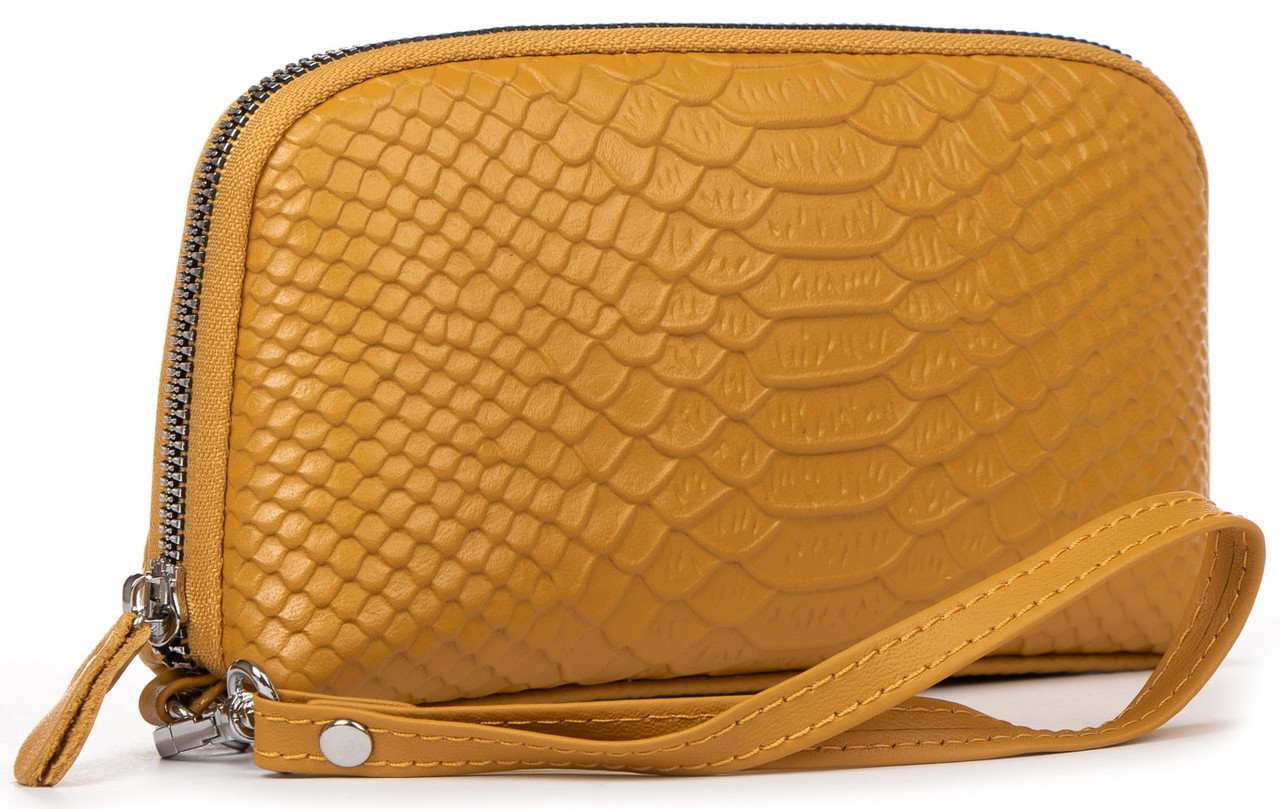 Гаманець косметичка жіночий шкіряний жовтий матовий під рептилію на блискавці великий з ручкою Cosmetic Bag 60096