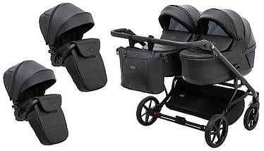 Коляска універсальна для двійні 2в1 Adamex Leo Duo Eco (кошик, чохол на ніжки, сумка) Чорна, фото 2