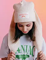 Шапка біні з довгими вушками зима в'язана молочний колір Bitterly Love oni size