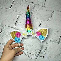 Обідок обруч карнавальний Єдиноріг з вушками Різнокольоровий P35-1-2