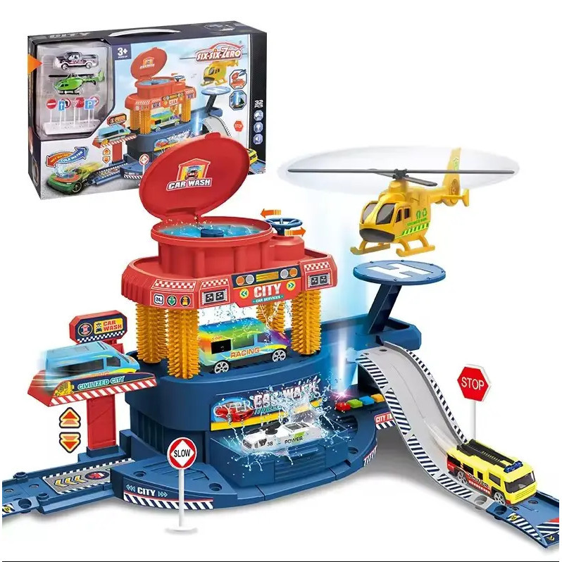 Ігрова двоповерхова автомийка з водою Інтерактивний Паркінг гараж гелікоптер машинка змінює колір світло звук, фото 1