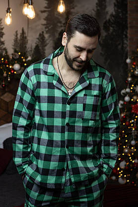 Клетчатая пижама унисекс рубашка и брюки пижамы для дома и сна стильный комплект для пары зелено черная, фото 2