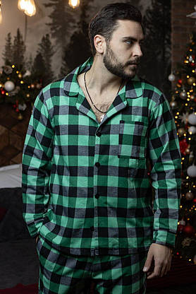 Клетчатая пижама унисекс рубашка и брюки пижамы для дома и сна стильный комплект для пары зелено черная, фото 5
