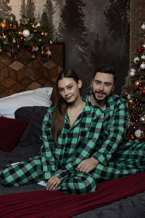 Клетчатая пижама унисекс рубашка и брюки пижамы для дома и сна стильный комплект для пары зелено черная, фото 1